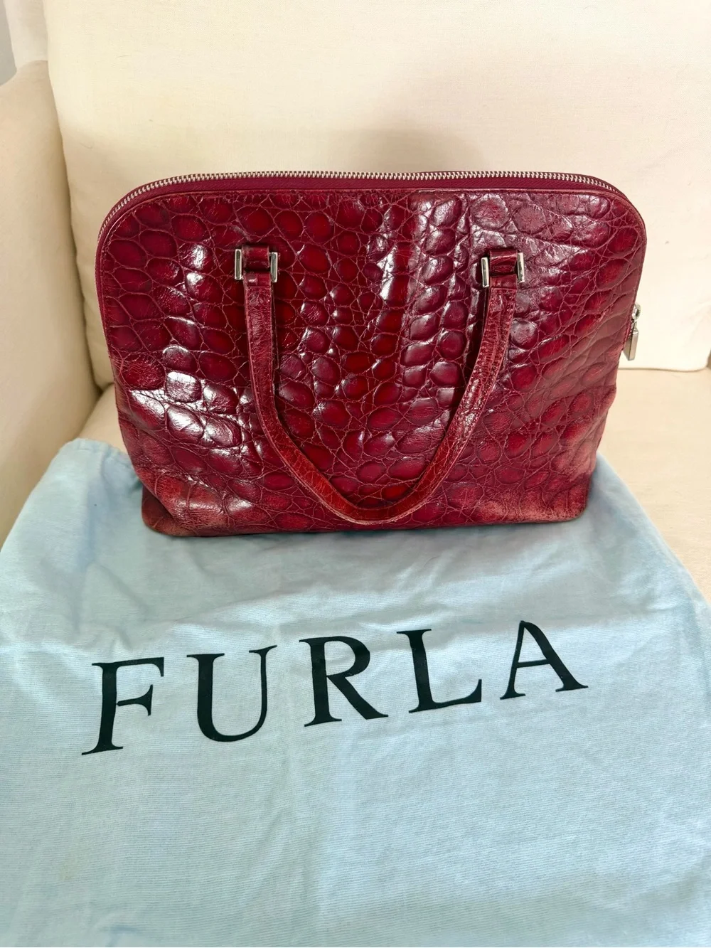 FURLA Ischia Red Cherry Croco Embossed Leather Dome Handbag Zip Top large